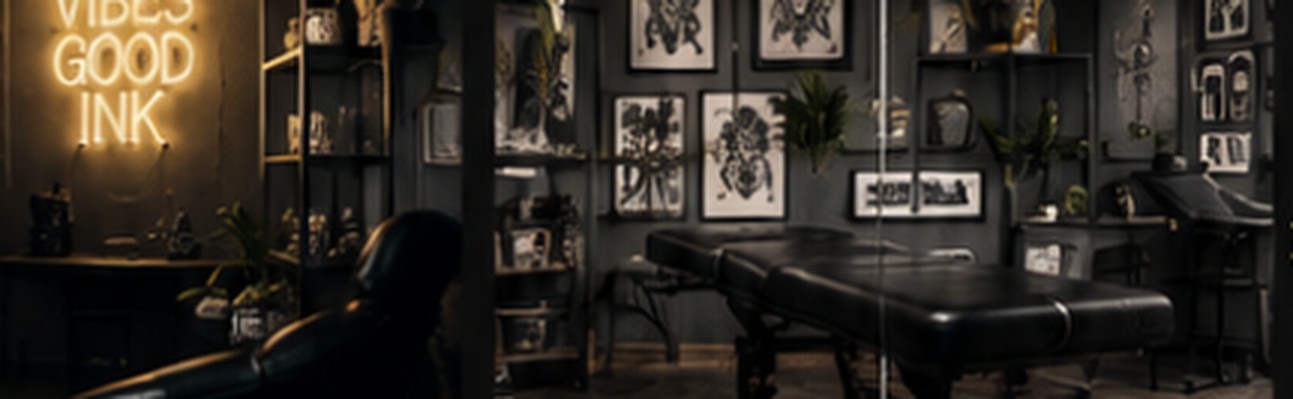 Dunkles Tattoo-Studio mit gerahmter Kunst und warmem Licht